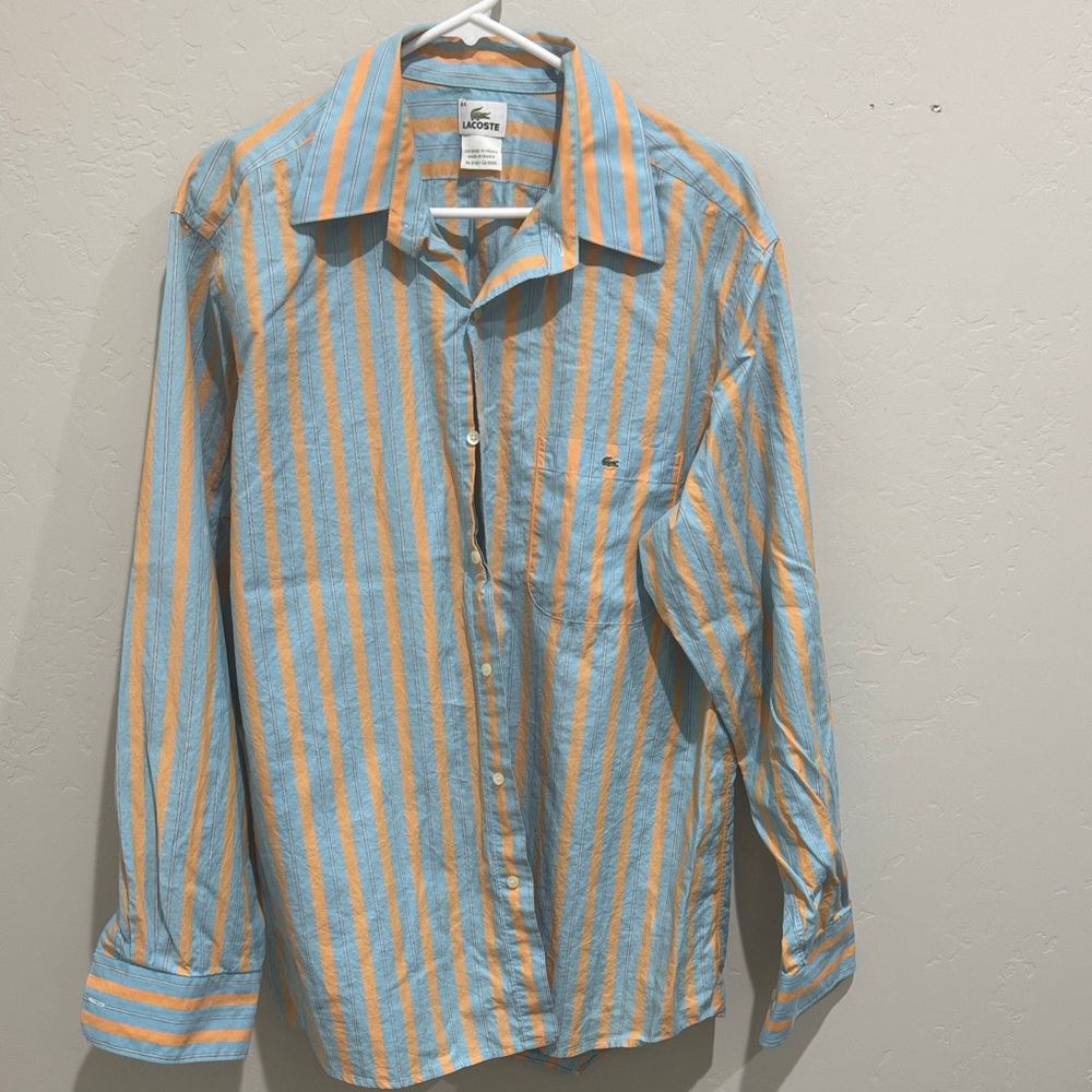 Lacoste Blue and Orange Striped Button Down Shirt